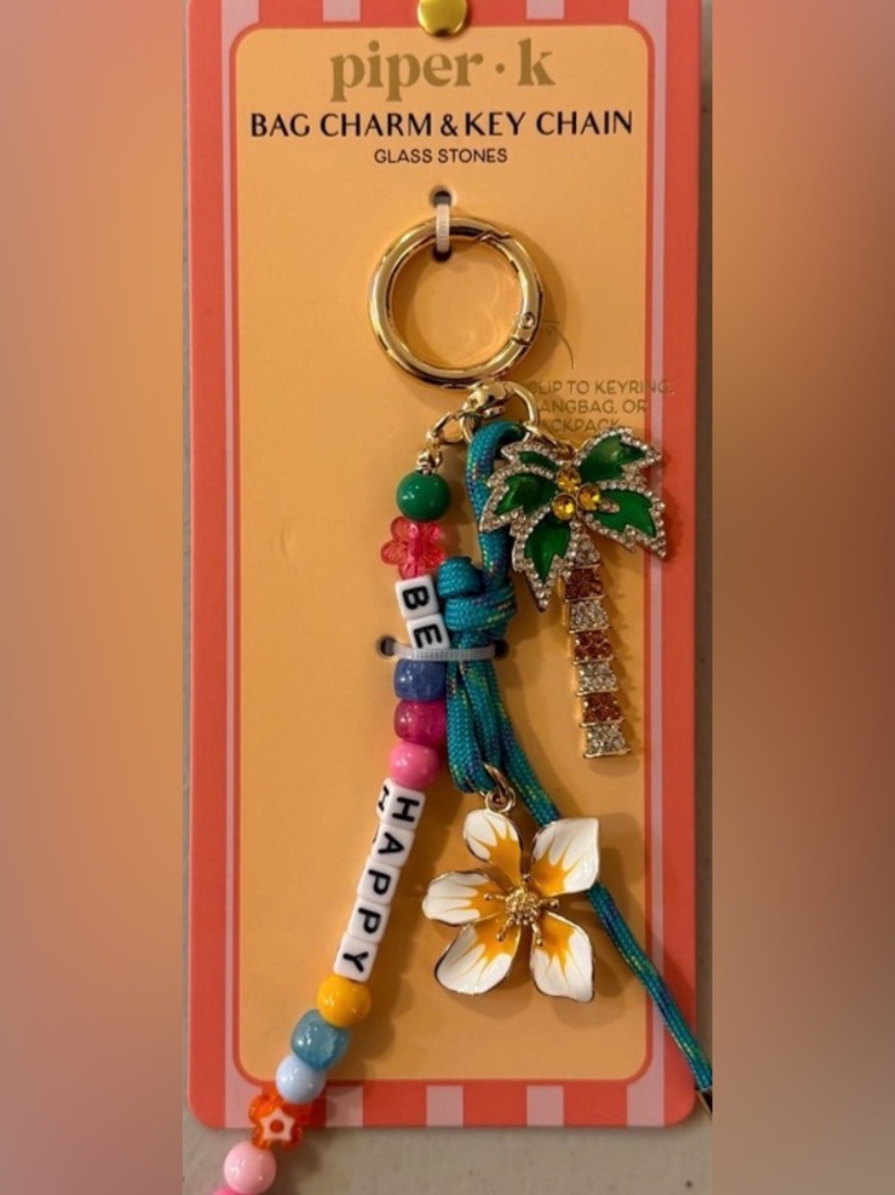 Piper K Green & Multicolor Palm Tree/Flower Bag Charm Key Chain